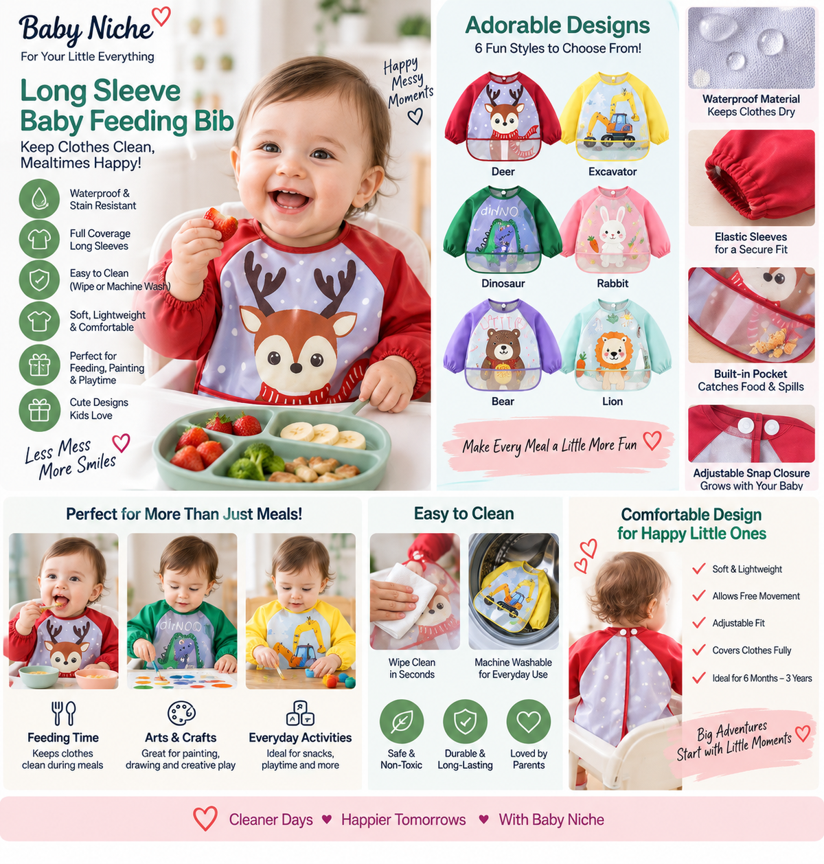 Baby Niche Long Sleeve Baby Feeding Bib product infographic