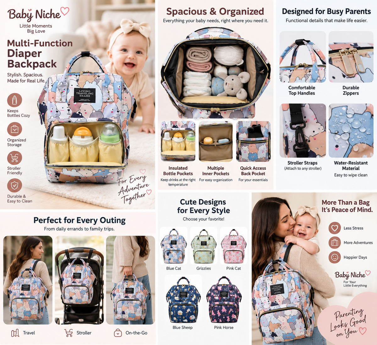 Baby Niche Multi-Function Baby Diaper Backpack features and lifestyle infographic