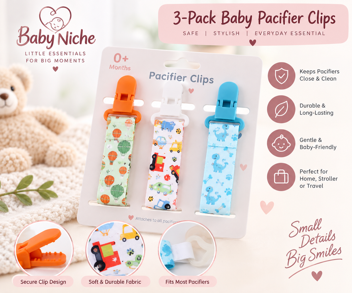 Baby Niche 3-Pack Baby Pacifier Clips product infographic