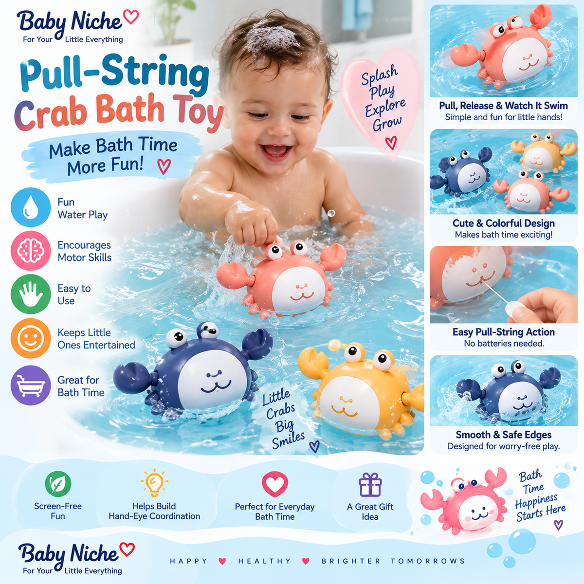 Baby Niche Pull-String Crab Bath Toy promotional image