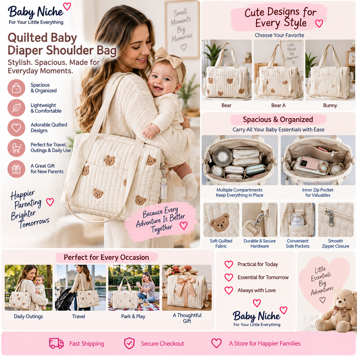 Baby Niche Quilted Baby Diaper Shoulder Bag promotional infographic