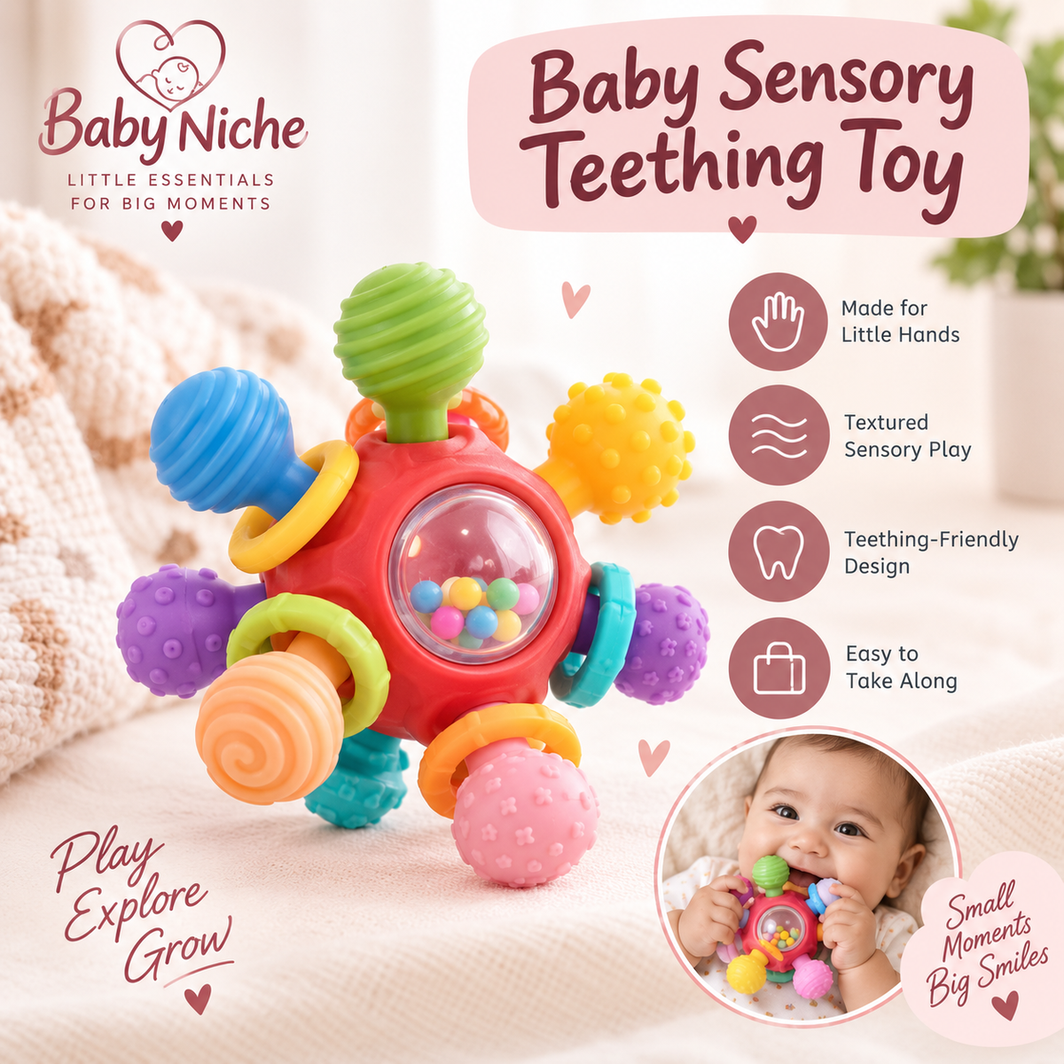 Baby Niche Baby Sensory Teething Toy feature infographic