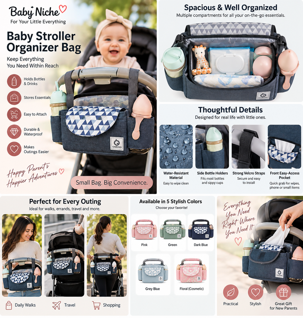 Baby Niche Baby Stroller Organizer Bag lifestyle and features infographic